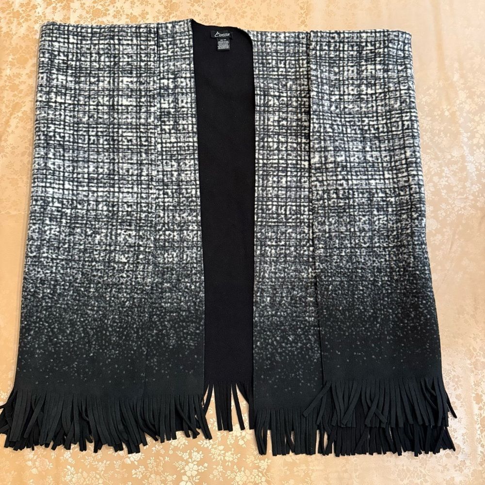 Black White Ombre Ruana Wrap Fringe Poncho Shawl Cardigan Cozy OS Layering Piece